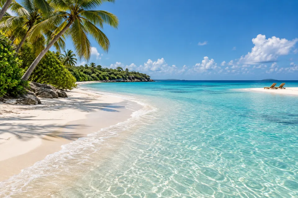A quiet beach with palm trees and clear turquoise water